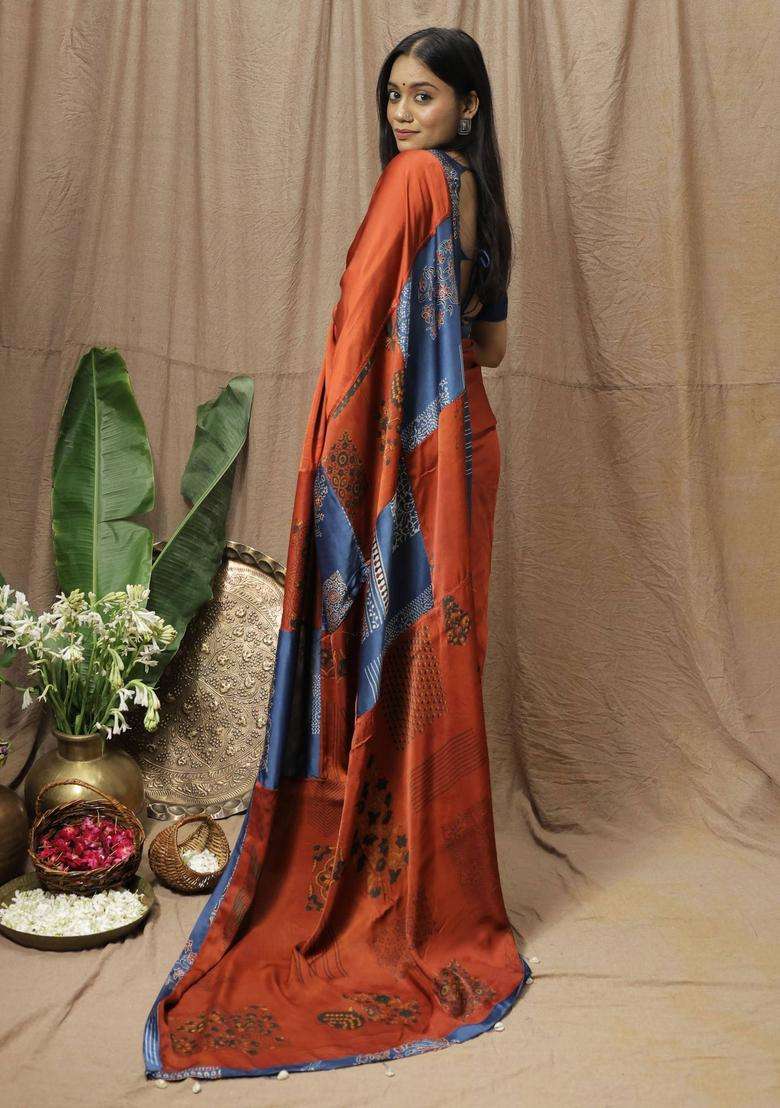 Maahi Printed Rust Saree without Blouse for Women Festive Wear - Indya