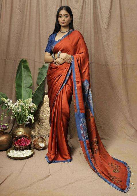 Maahi Printed Rust Saree without Blouse for Women Festive Wear