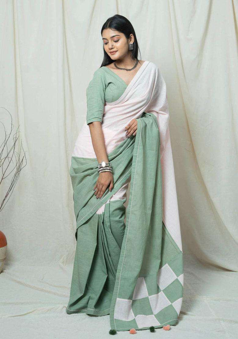 Mahira Sage Green and White Check Handloom Saree without Blouse for Women Casual Wear - Indya