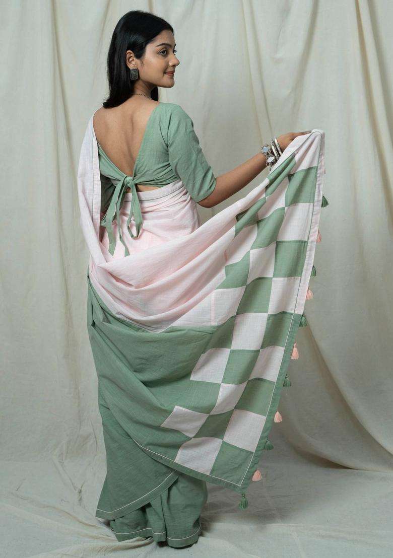 Mahira Sage Green and White Check Handloom Saree without Blouse for Women Casual Wear - Indya