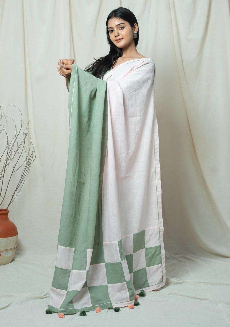 Mahira Sage Green and White Check Handloom Saree without Blouse for Women Casual Wear - Indya