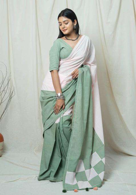 Mahira Sage Green and White Check Handloom Saree without Blouse for Women Casual Wear
