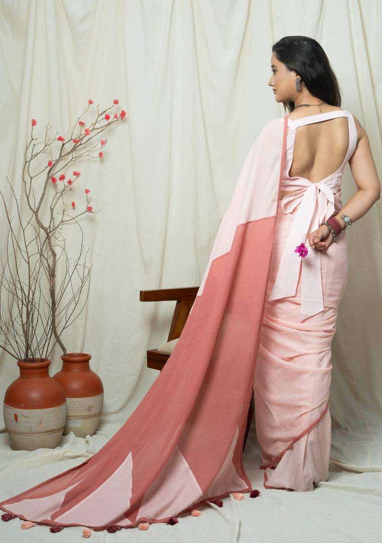 Maiyesha Peach Colorblock Saree without Blouse for Women Casual Wear - Indya