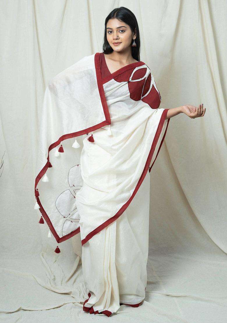 Mandira White and Maroon Floral Handloom Saree without Blouse for Women Casual Wear - Indya