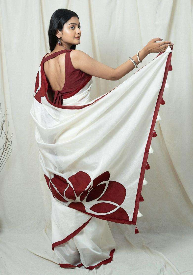 Mandira White and Maroon Floral Handloom Saree without Blouse for Women Casual Wear - Indya