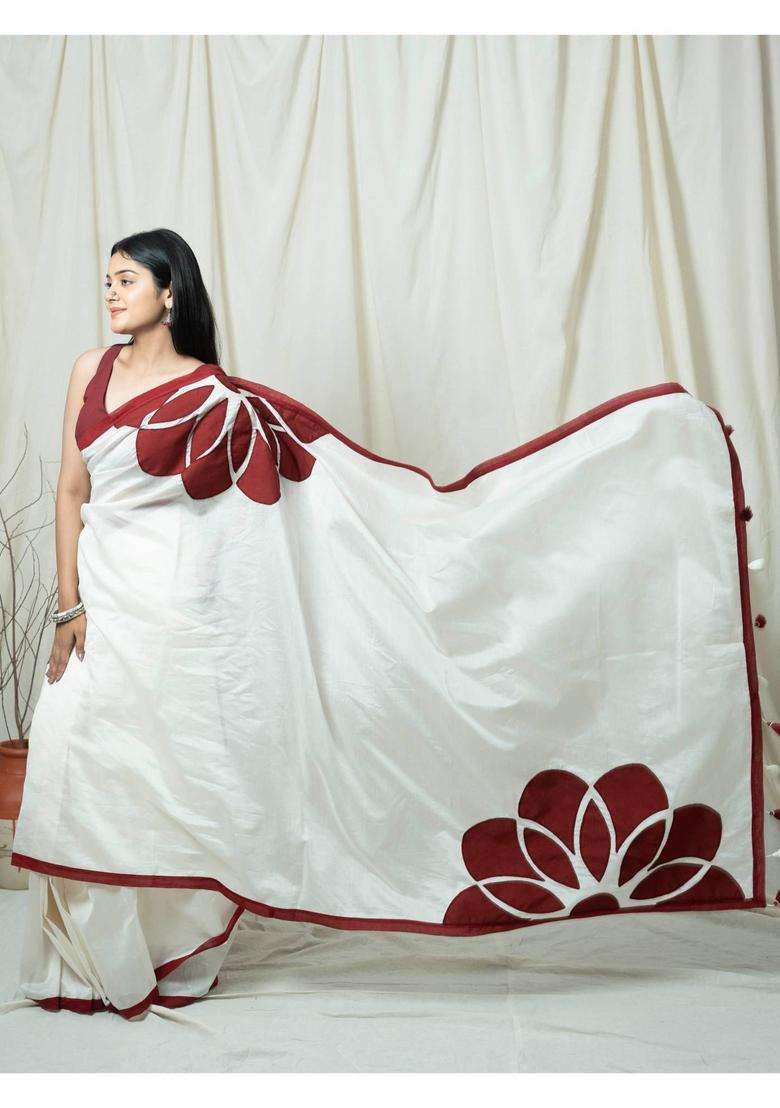 Mandira White and Maroon Floral Handloom Saree without Blouse for Women Casual Wear - Indya