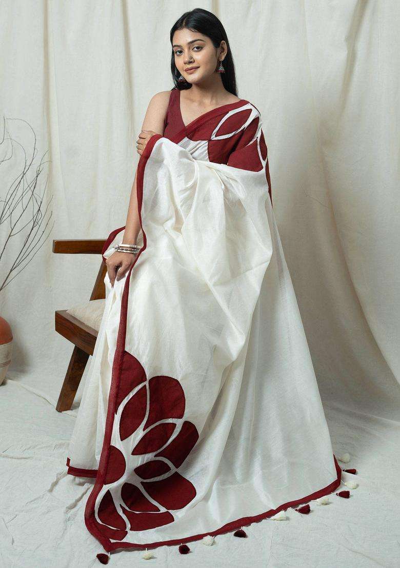Mandira White and Maroon Floral Handloom Saree without Blouse for Women Casual Wear - Indya