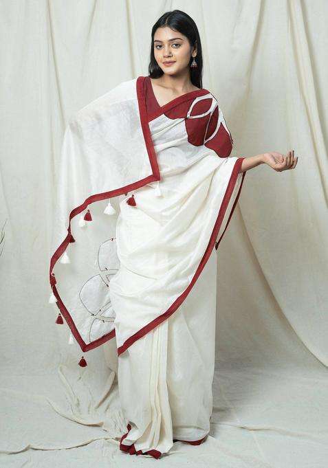 Mandira White and Maroon Floral Handloom Saree without Blouse for Women Casual Wear
