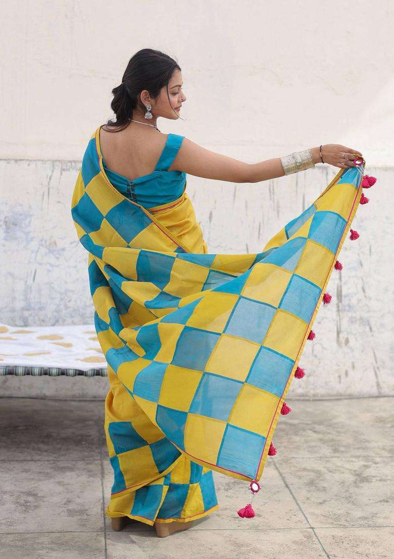 Mustard Indu Check Saree without Blouse for Women Festive Wear - Indya