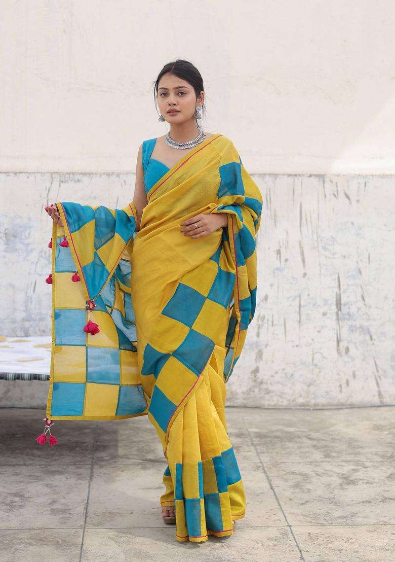 Mustard Indu Check Saree without Blouse for Women Festive Wear - Indya