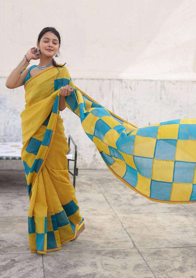 Mustard Indu Check Saree without Blouse for Women Festive Wear - Indya