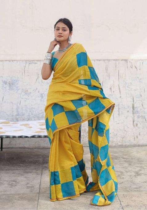 Mustard Indu Check Saree without Blouse for Women Festive Wear