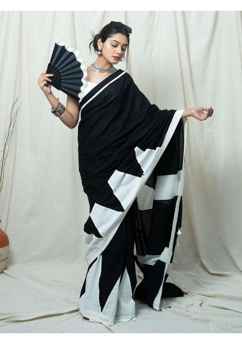 Nargis Black Colorblock Tassels Work Saree without Blouse for Women Casual Wear - Indya