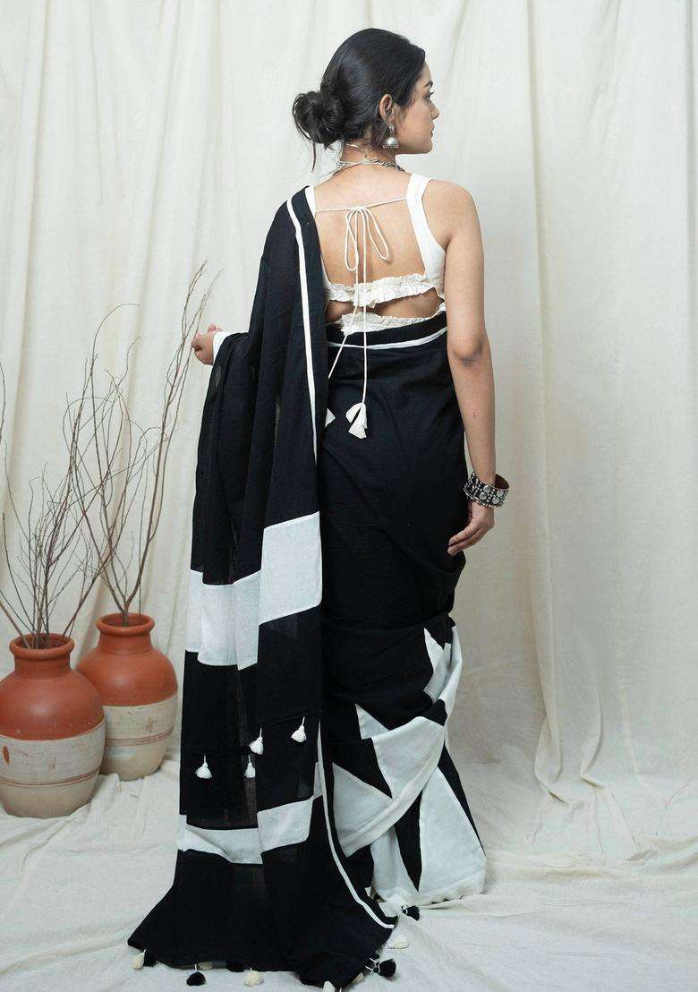 Nargis Black Colorblock Tassels Work Saree without Blouse for Women Casual Wear - Indya