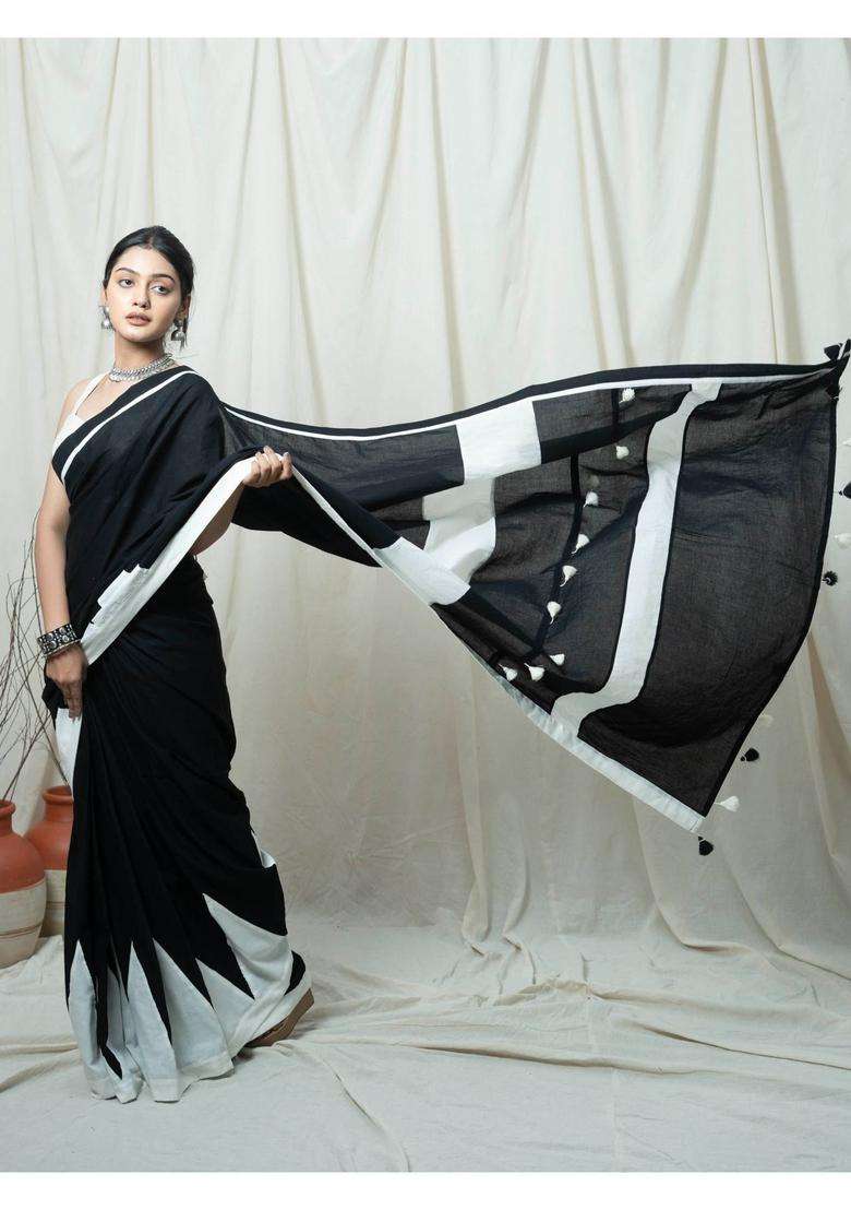 Nargis Black Colorblock Tassels Work Saree without Blouse for Women Casual Wear - Indya