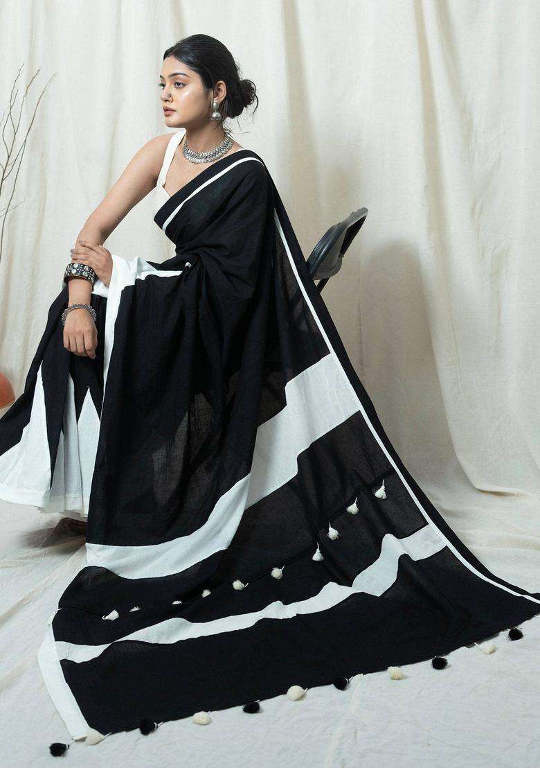 Nargis Black Colorblock Tassels Work Saree without Blouse for Women Casual Wear - Indya