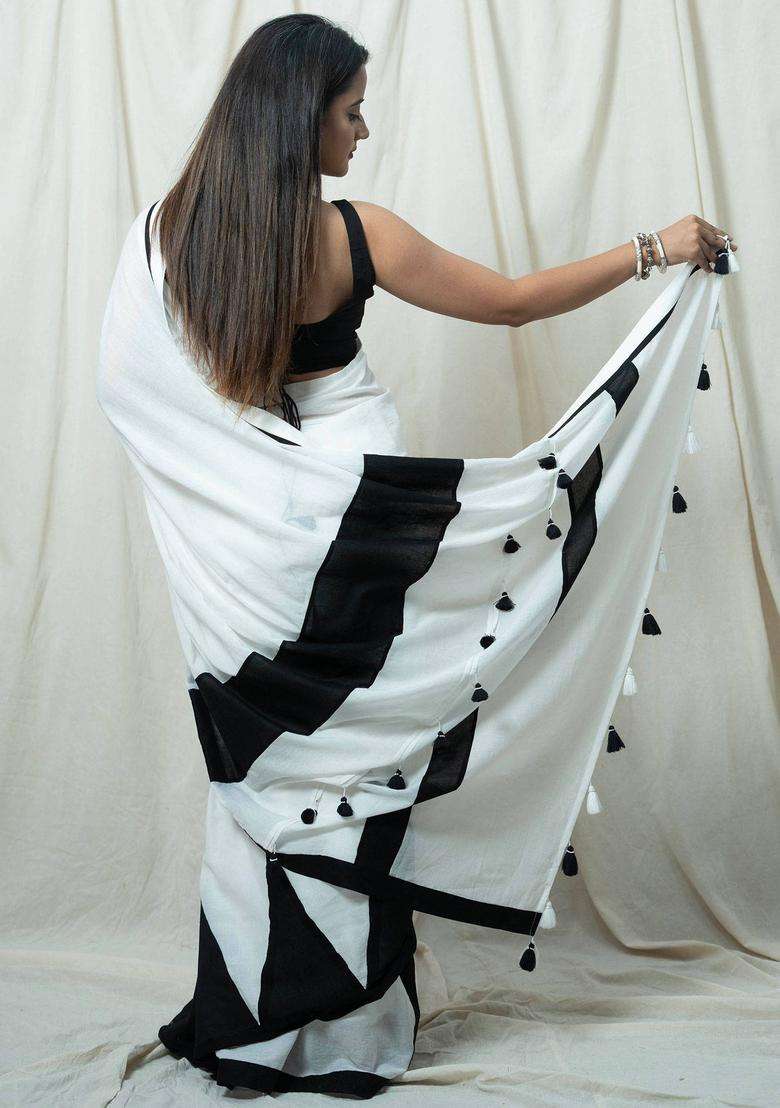Nargis White Colorblock Tassels Work Saree without Blouse for Women Casual Wear - Indya