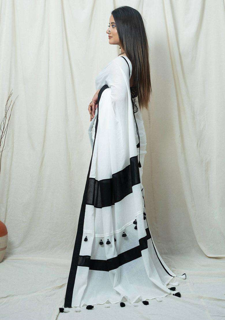 Nargis White Colorblock Tassels Work Saree without Blouse for Women Casual Wear - Indya