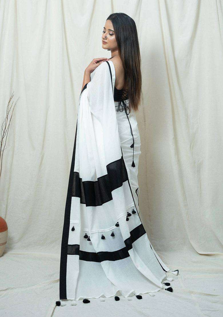 Nargis White Colorblock Tassels Work Saree without Blouse for Women Casual Wear - Indya