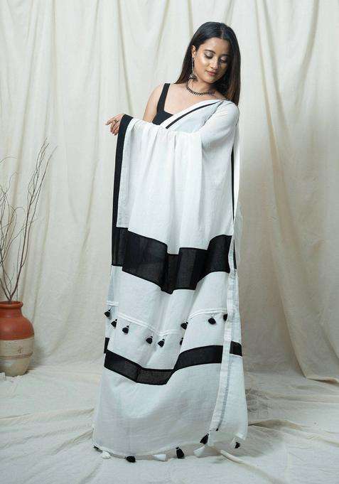 Nargis White Colorblock Tassels Work Saree without Blouse for Women Casual Wear