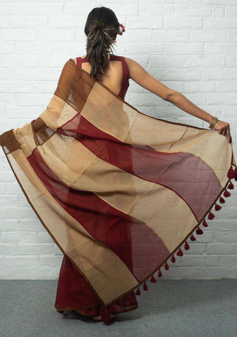 Colorblock Red Saree without Blouse for Women Casual Wear - Indya