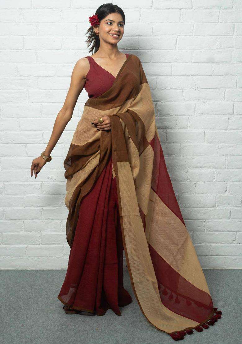 Colorblock Red Saree without Blouse for Women Casual Wear - Indya