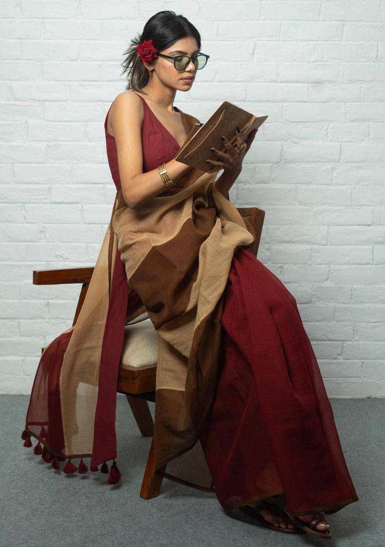 Colorblock Red Saree without Blouse for Women Casual Wear - Indya