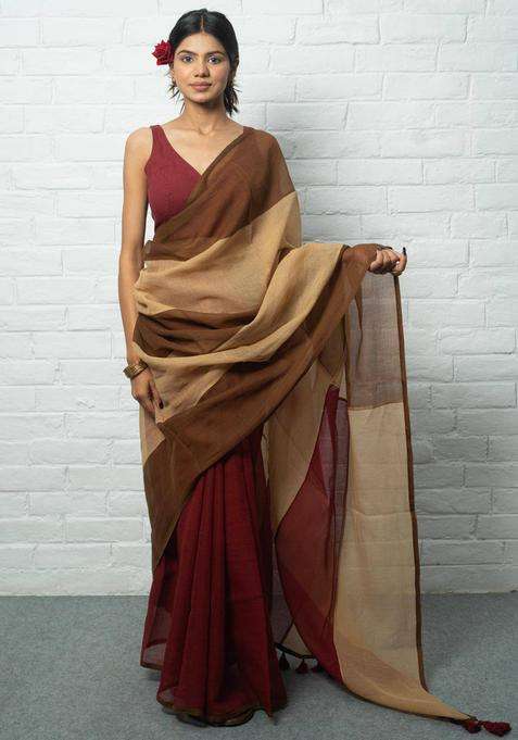 Colorblock Red Saree without Blouse for Women Casual Wear
