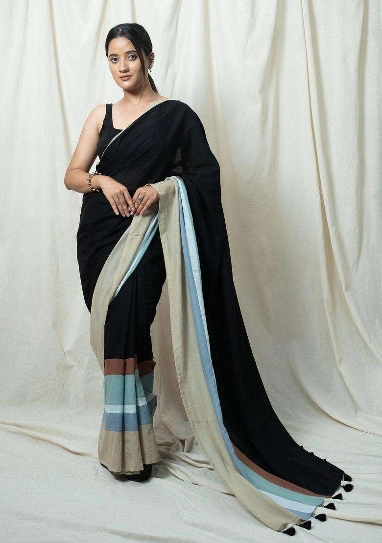 Neer Multicolor Colorblock Tassels Work Saree without Blouse for Women Casual Wear - Indya