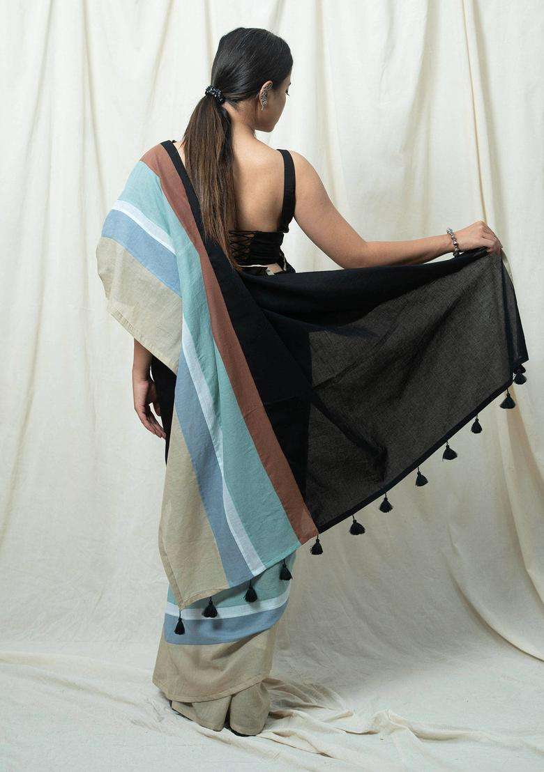 Neer Multicolor Colorblock Tassels Work Saree without Blouse for Women Casual Wear - Indya