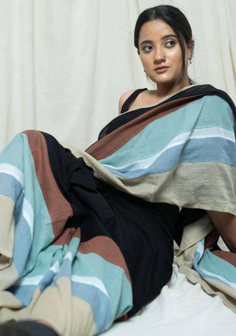 Neer Multicolor Colorblock Tassels Work Saree without Blouse for Women Casual Wear - Indya