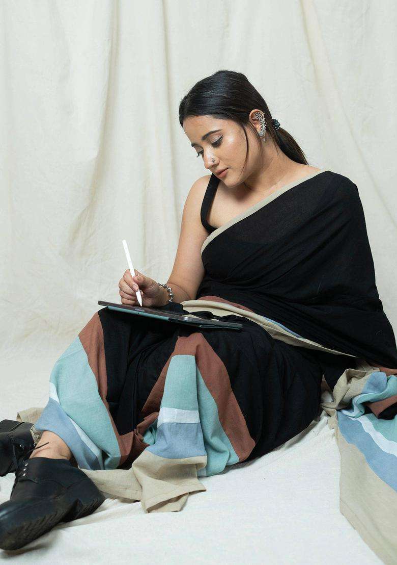 Neer Multicolor Colorblock Tassels Work Saree without Blouse for Women Casual Wear - Indya