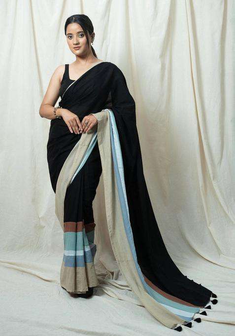 Neer Multicolor Colorblock Tassels Work Saree without Blouse for Women Casual Wear