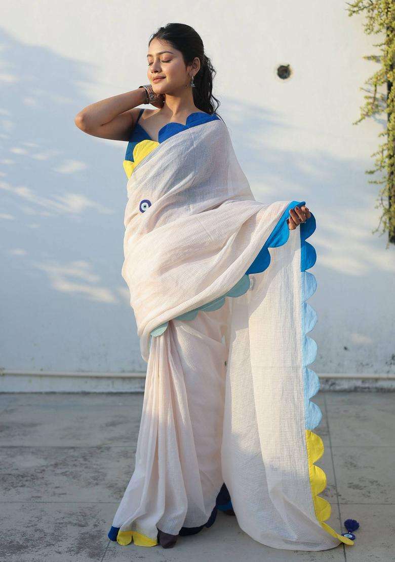 Off White Nazar Embroidered Saree without Blouse for Women Festive Wear - Indya