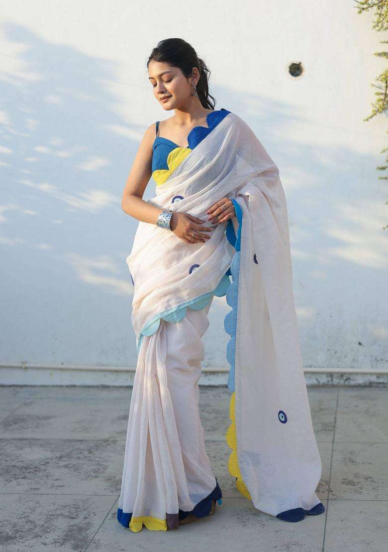 Off White Nazar Embroidered Saree without Blouse for Women Festive Wear - Indya