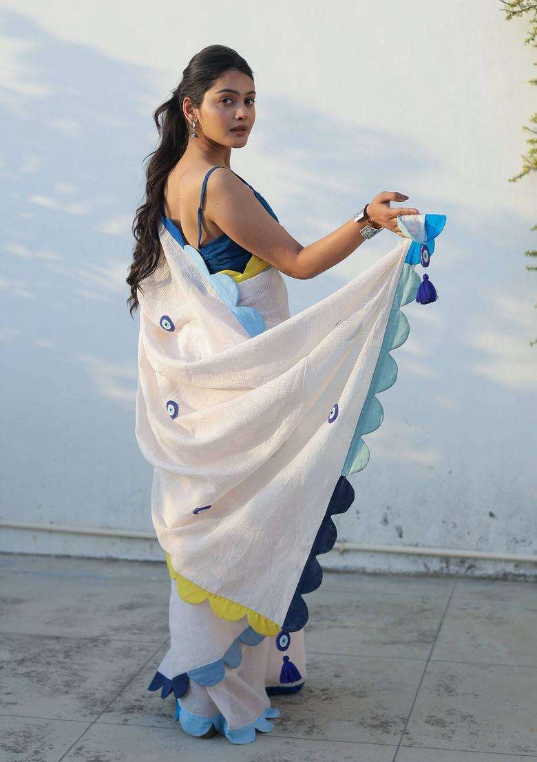 Off White Nazar Embroidered Saree without Blouse for Women Festive Wear - Indya