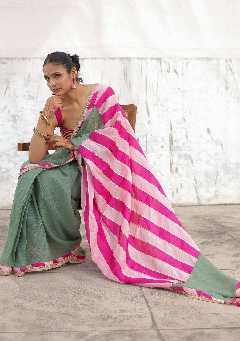 Olive Meher Embroidered Saree without Blouse for Women Festive Wear - Indya