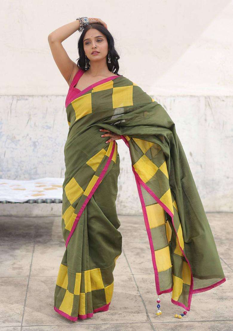 Olive Mritika Checks Saree without Blouse for Women Festive Wear - Indya