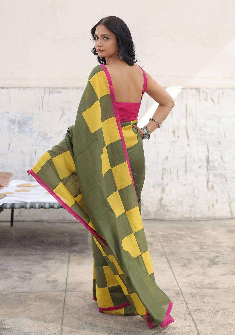 Olive Mritika Checks Saree without Blouse for Women Festive Wear - Indya