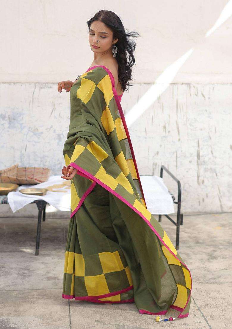 Olive Mritika Checks Saree without Blouse for Women Festive Wear - Indya