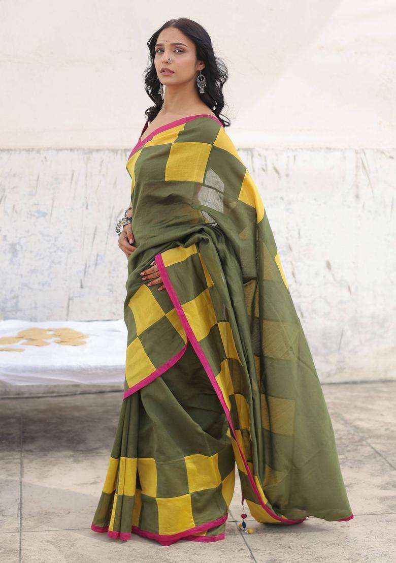 Olive Mritika Checks Saree without Blouse for Women Festive Wear - Indya