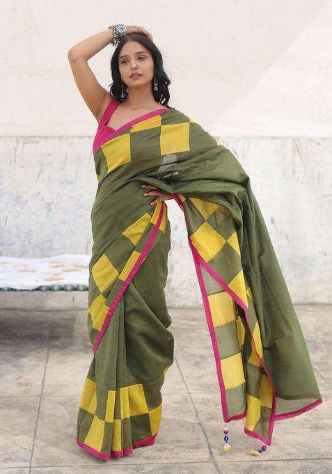 Olive Mritika Checks Saree without Blouse for Women Festive Wear
