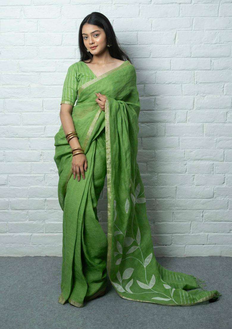 Pallavi Woven Green Saree without Blouse for Women Casual Wear - Indya