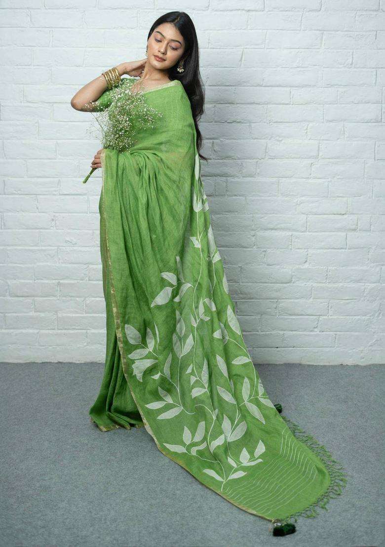Pallavi Woven Green Saree without Blouse for Women Casual Wear - Indya