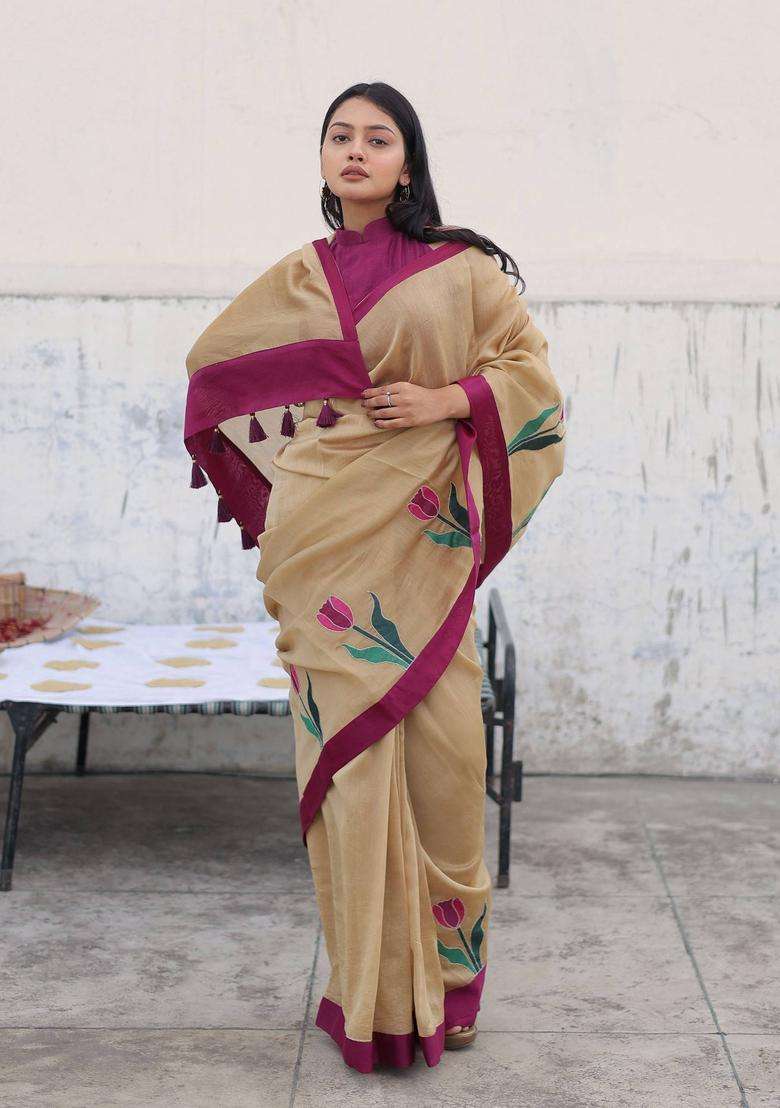 Pankhudi Beige Tassel Saree without Blouse for Women Festive Wear - Indya