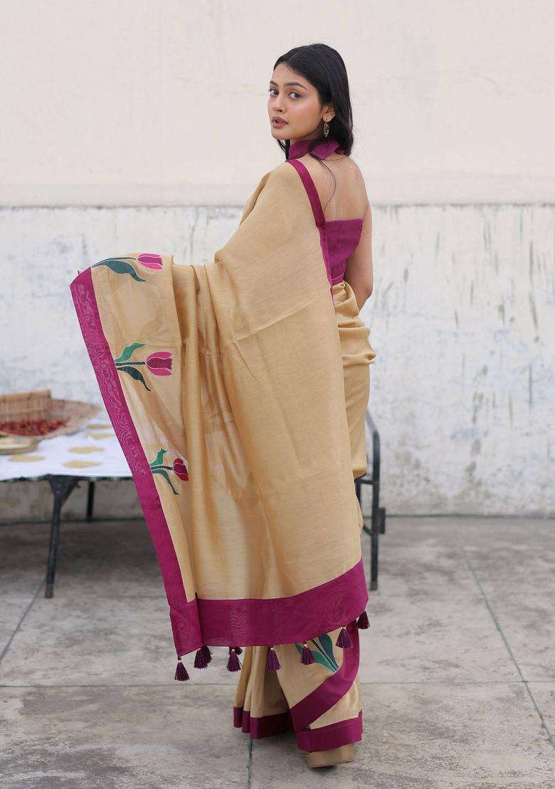 Pankhudi Beige Tassel Saree without Blouse for Women Festive Wear - Indya