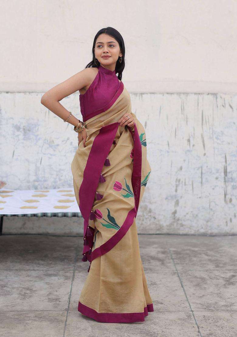 Pankhudi Beige Tassel Saree without Blouse for Women Festive Wear - Indya