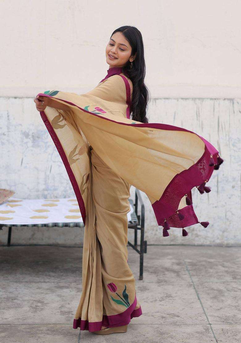 Pankhudi Beige Tassel Saree without Blouse for Women Festive Wear - Indya