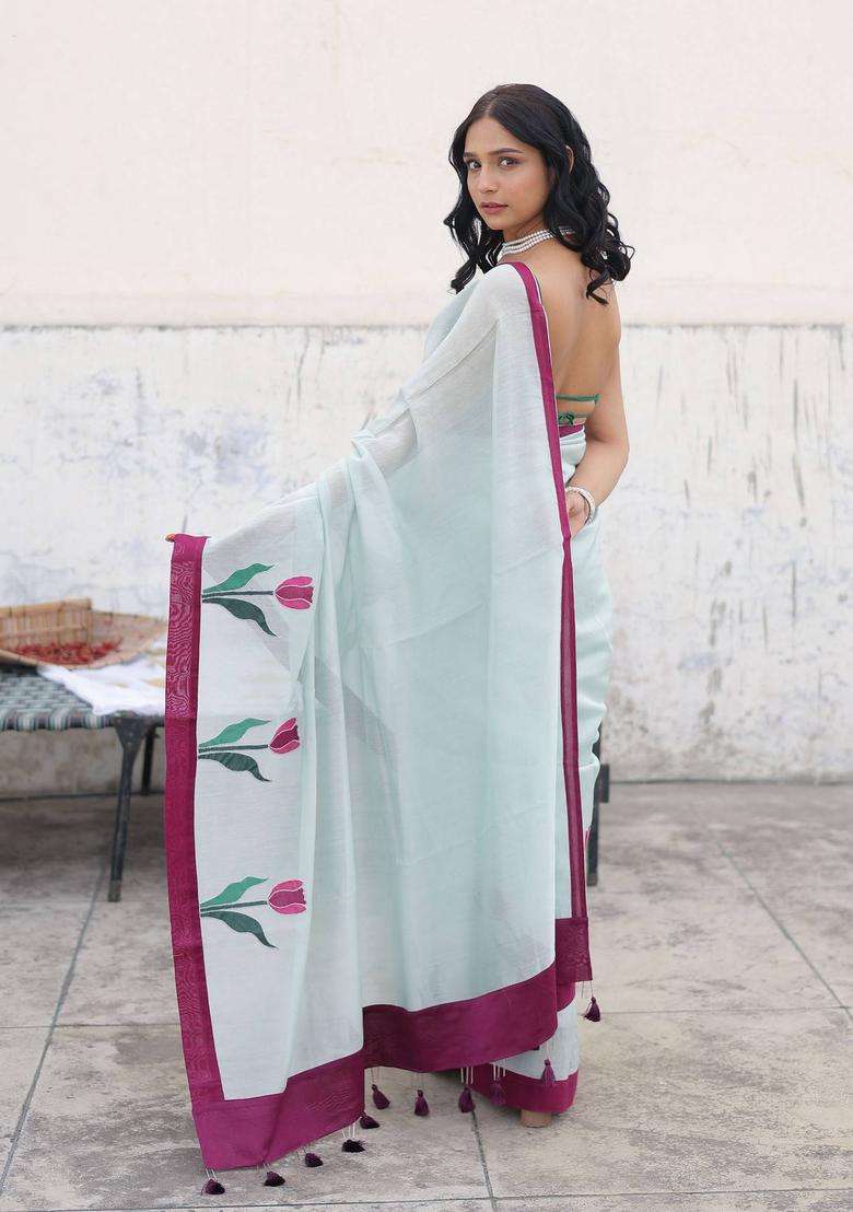 Pankhudi Blue Tassel Saree without Blouse for Women Festive Wear - Indya
