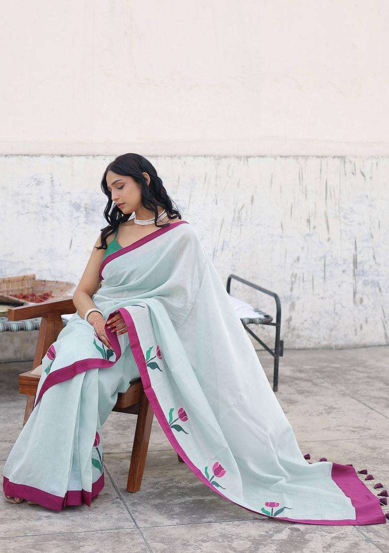 Pankhudi Blue Tassel Saree without Blouse for Women Festive Wear - Indya